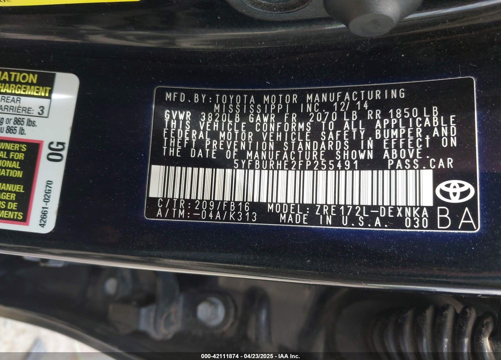 2015 TOYOTA COROLLA VIN: 5YFBURHE2FP255491
