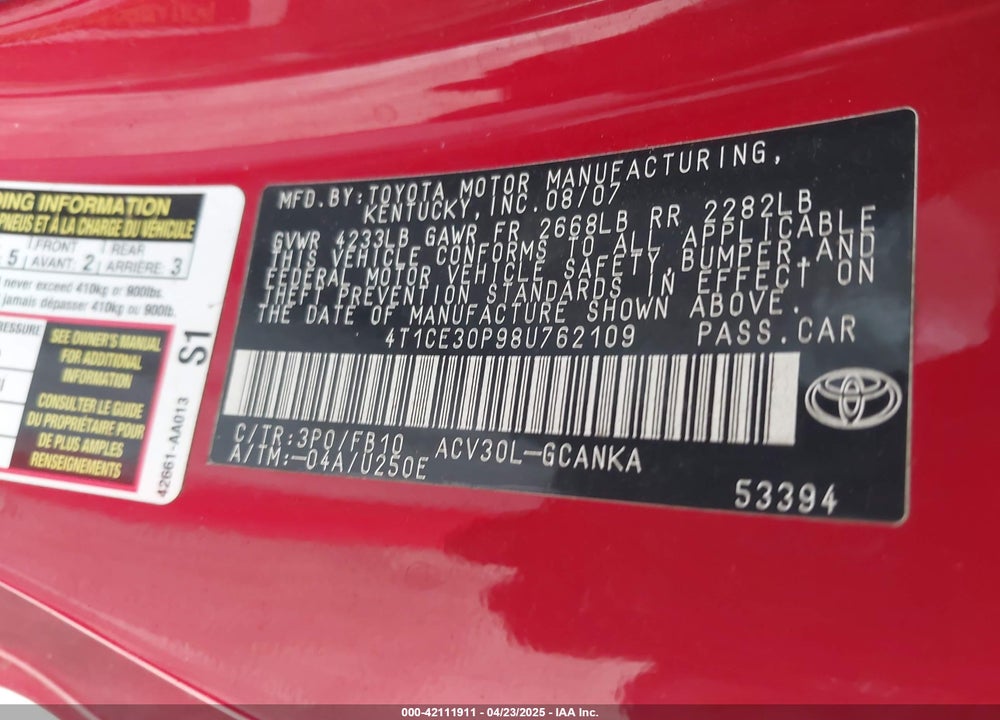2008 TOYOTA CAMRY SOLARA VIN: 4T1CE30P98U762109