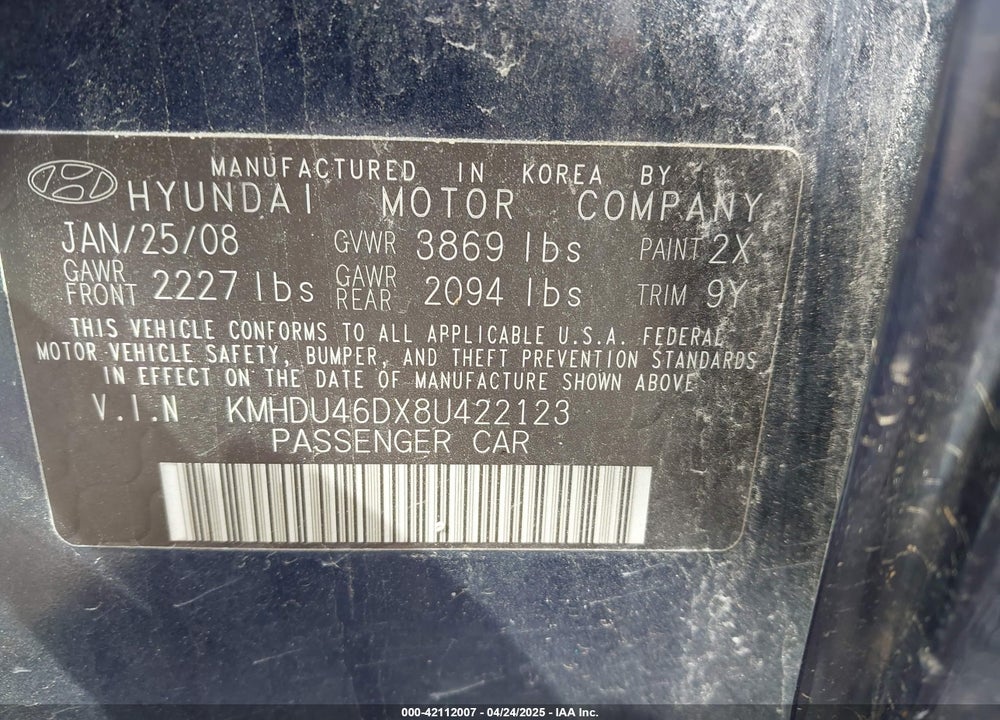 2008 HYUNDAI ELANTRA VIN: KMHDU46DX8U422123