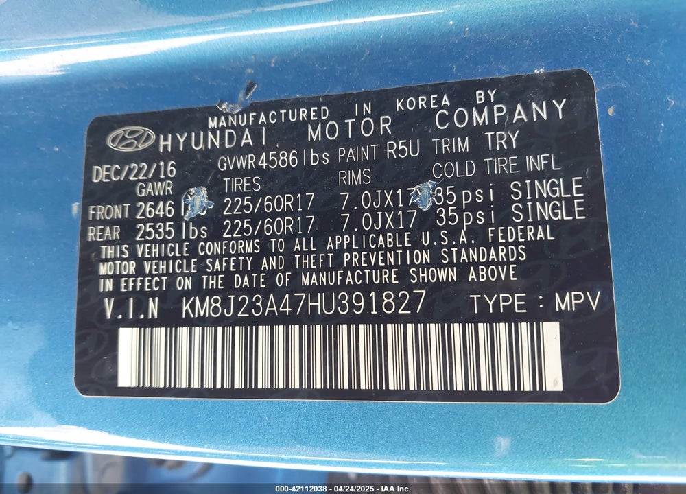 2017 HYUNDAI TUCSON SE VIN: KM8J23A47HU391827