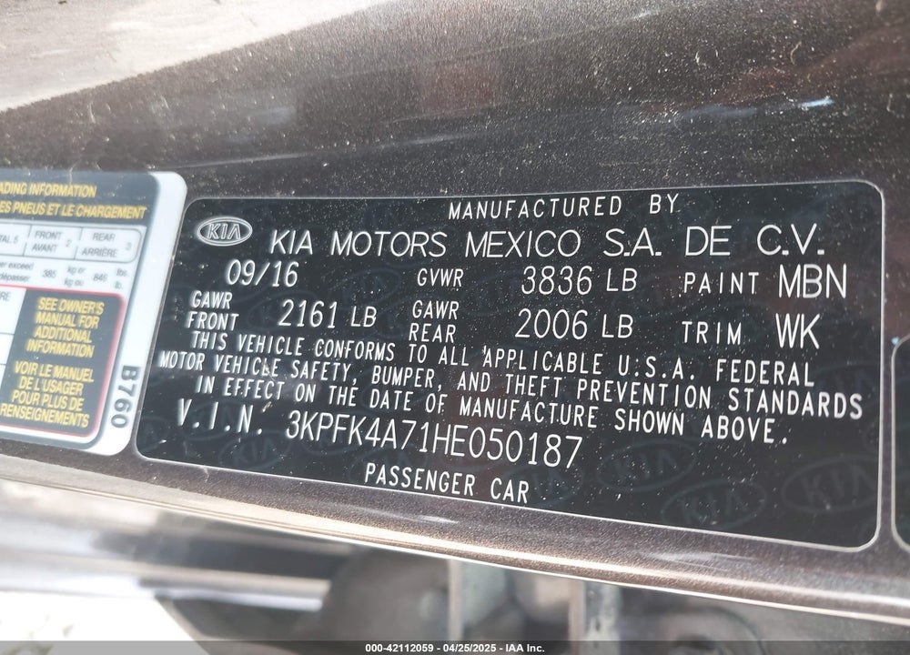 2017 KIA FORTE LX VIN: 3KPFK4A71HE050187