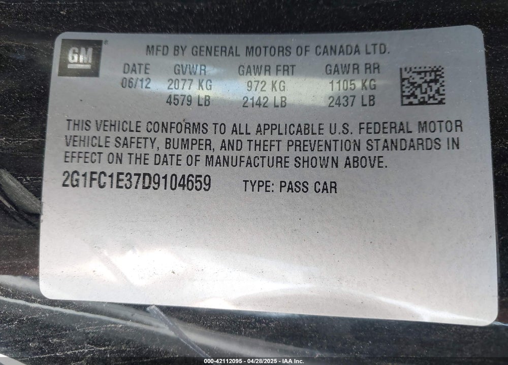 2013 CHEVROLET CAMARO VIN: 2G1FC1E37D9104659