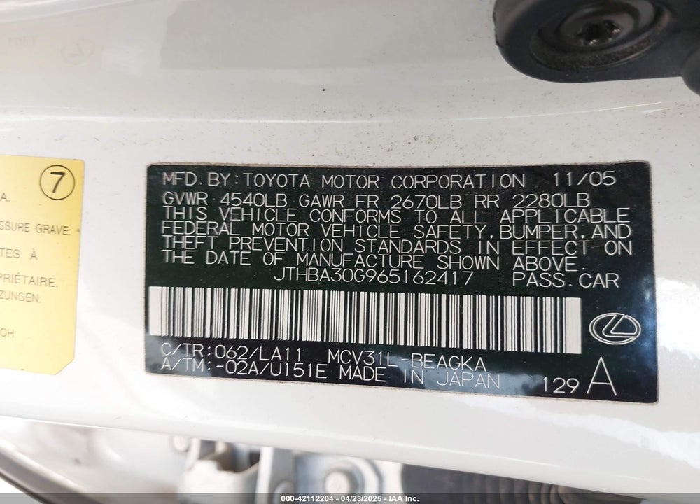 2006 LEXUS ES 330 VIN: JTHBA30G965162417