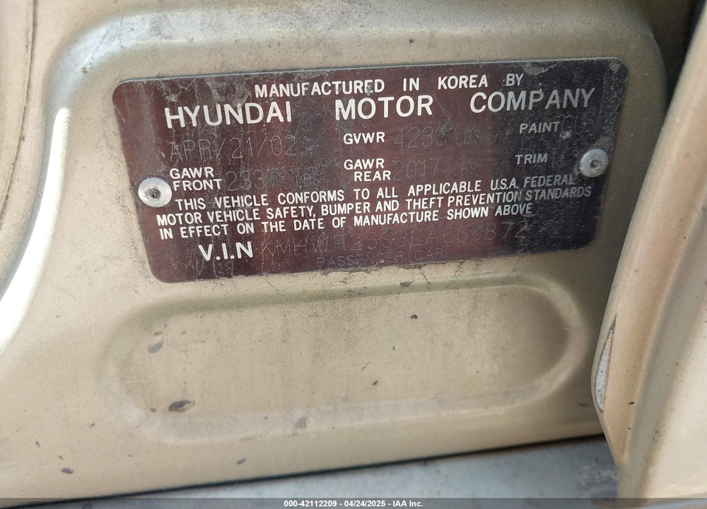 2002 HYUNDAI SONATA VIN: KMHWF25S32A669872