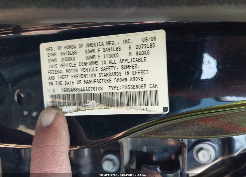 2006 ACURA TL VIN: 19UUA66246A076108