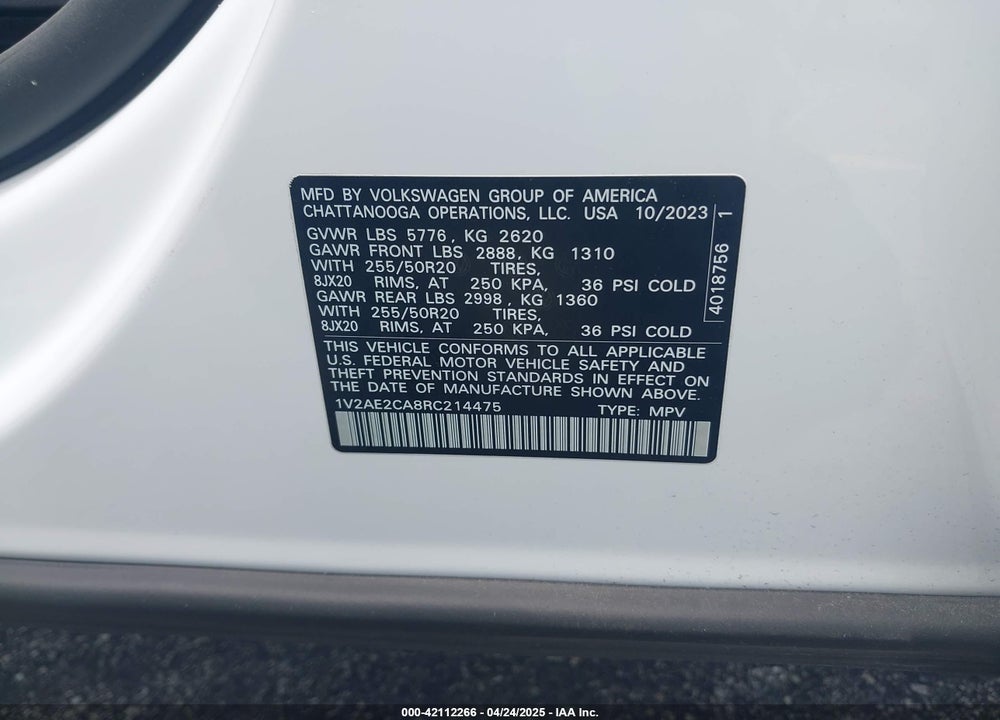 2024 VOLKSWAGEN ATLAS CROSS SPORT VIN: 1V2AE2CA8RC214475