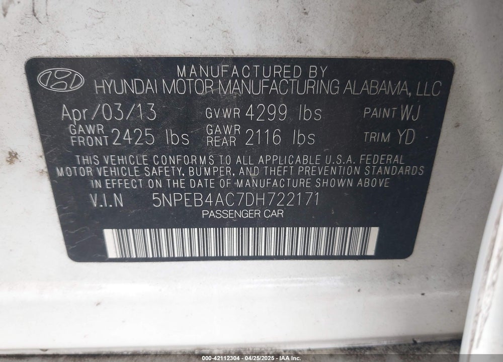 2013 HYUNDAI SONATA GLS VIN: 5NPEB4AC7DH722171