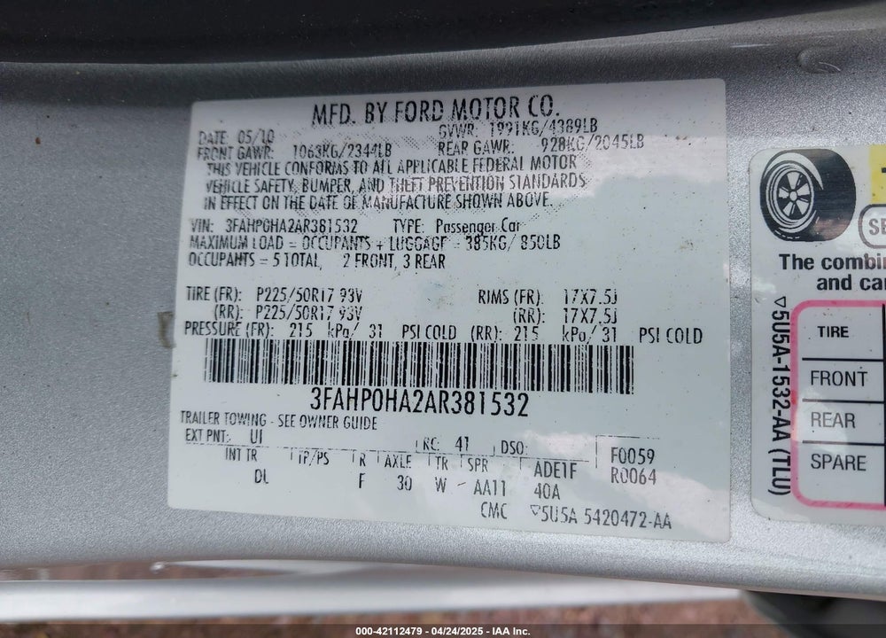 2010 FORD FUSION SE VIN: 3FAHP0HA2AR381532