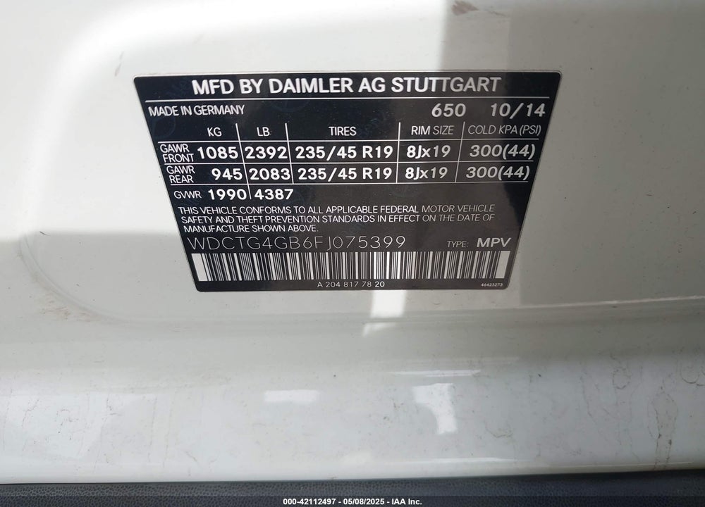 2015 MERCEDES-BENZ GLA-CLASS VIN: WDCTG4GB6FJ075399