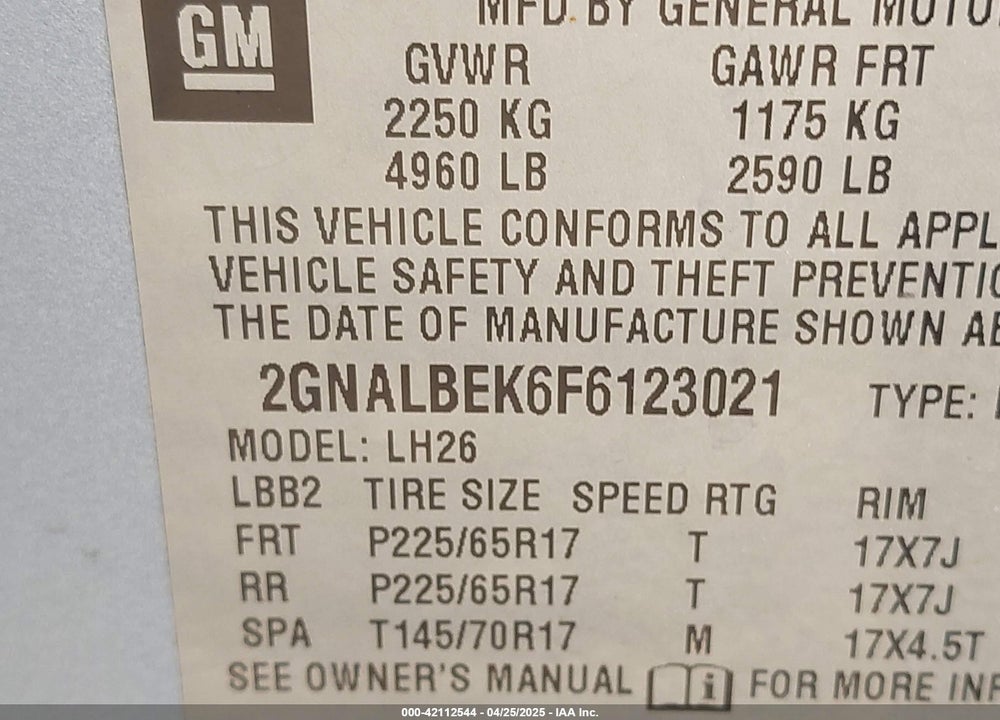2015 CHEVROLET EQUINOX VIN: 2GNALBEK6F6123021