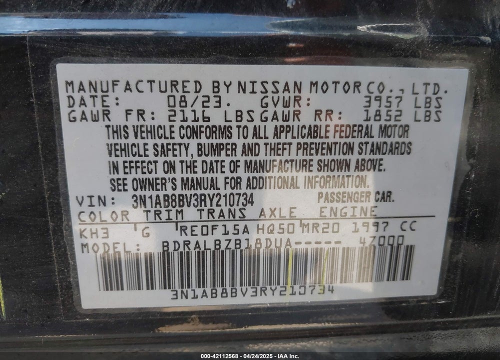 2024 NISSAN SENTRA S XTRONIC CVT VIN: 3N1AB8BV3RY210734