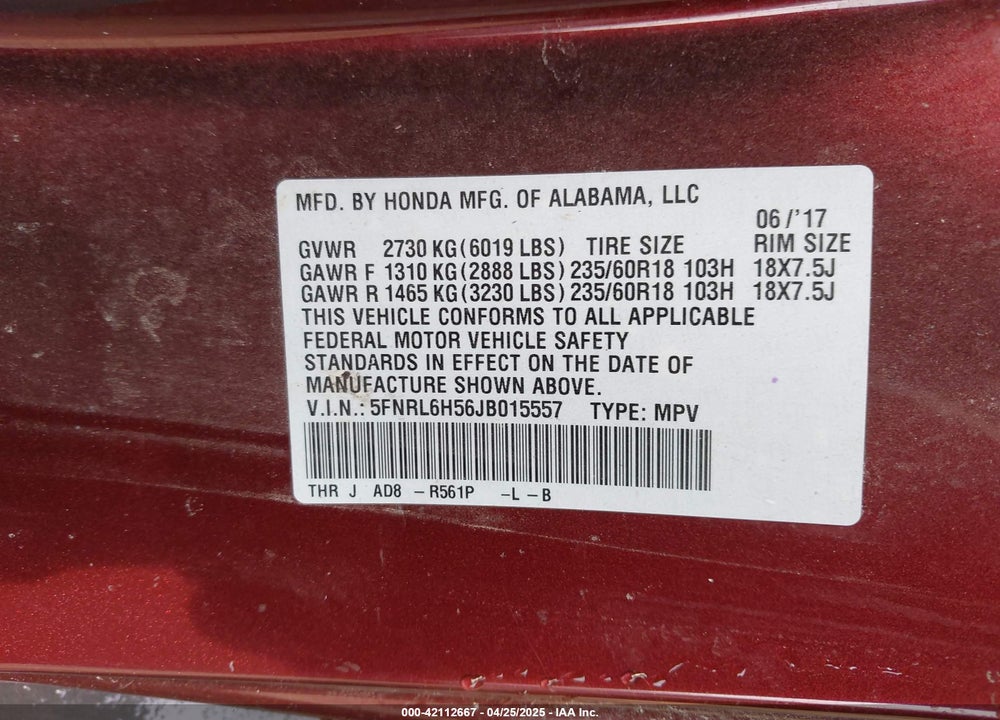 2018 HONDA ODYSSEY EX VIN: 5FNRL6H56JB015557