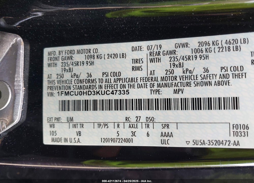 2019 FORD ESCAPE VIN: 1FMCU0HD3KUC47335