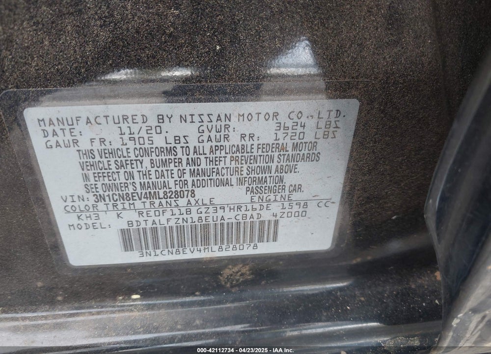 2021 NISSAN VERSA VIN: 3N1CN8EV4ML828078