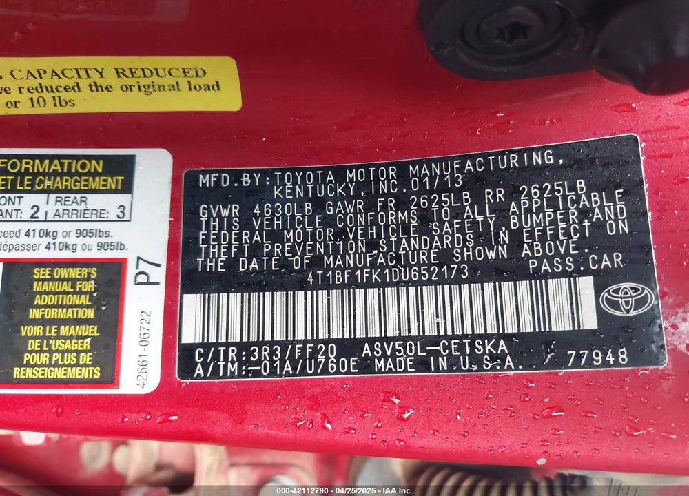 2013 TOYOTA CAMRY VIN: 4T1BF1FK1DU652173