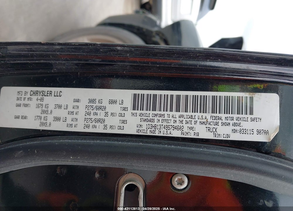 2009 DODGE RAM 1500 VIN: 1D3HB13T49S794602