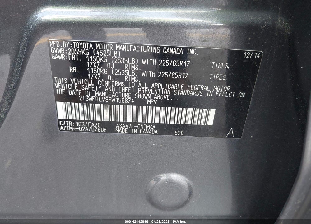 2015 TOYOTA RAV4 XLE VIN: 2T3WFREV8FW156874
