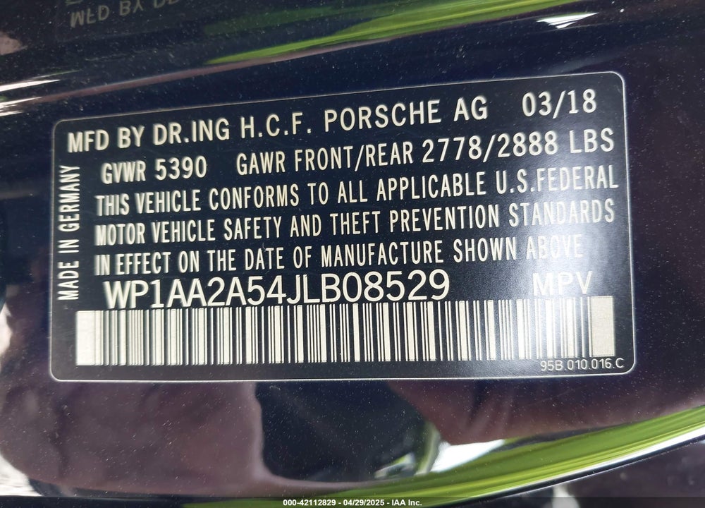 2018 PORSCHE MACAN VIN: WP1AA2A54JLB08529