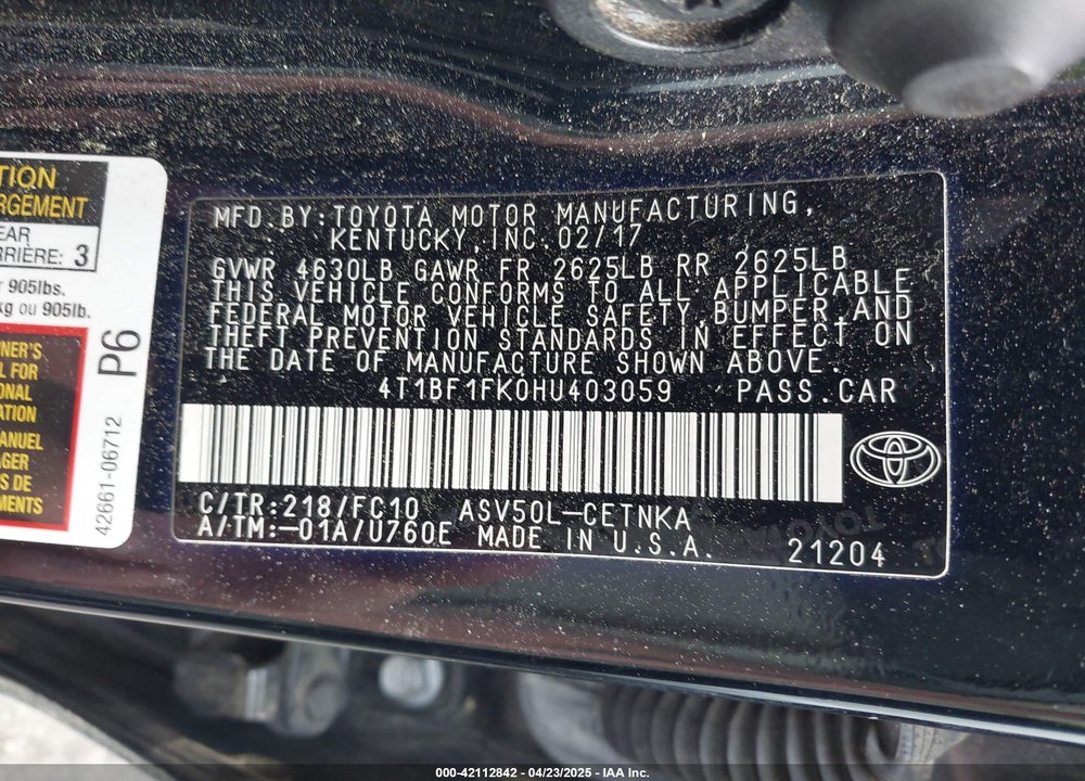 2017 TOYOTA CAMRY VIN: 4T1BF1FK0HU403059