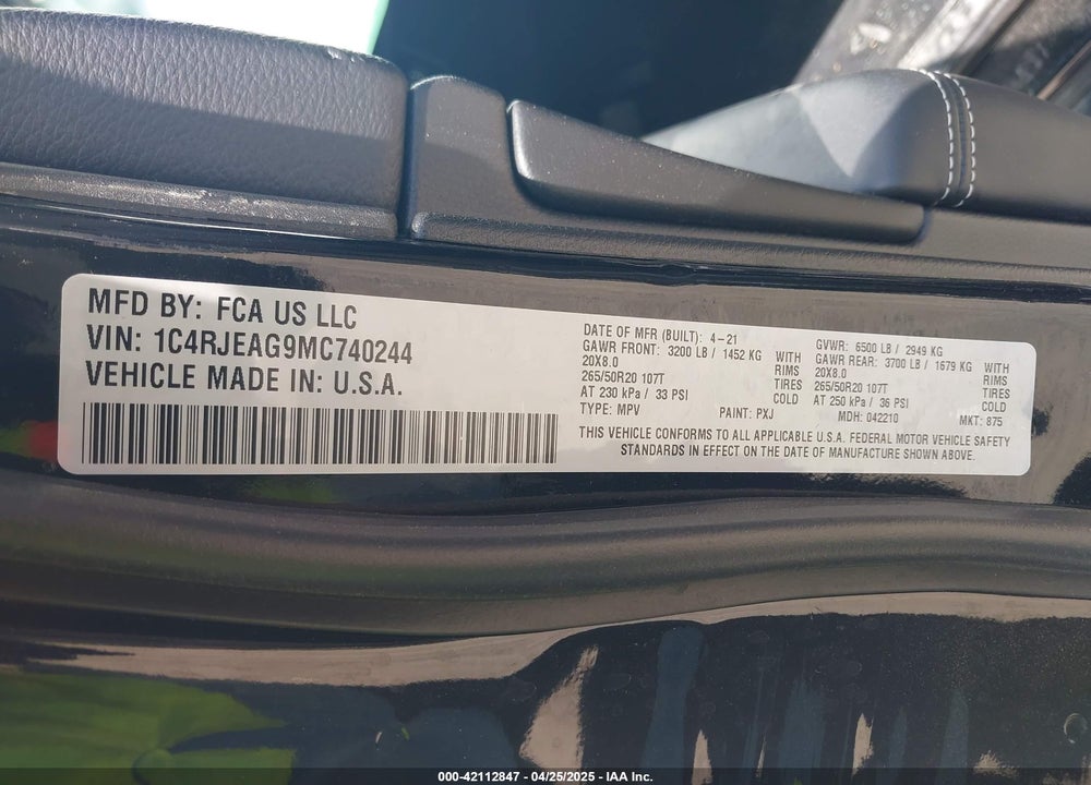 2021 JEEP GRAND CHEROKEE VIN: 1C4RJEAG9MC740244
