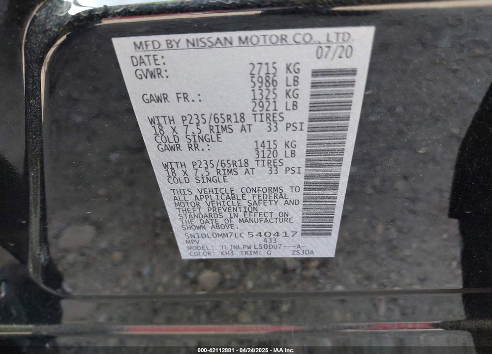 2020 INFINITI QX60 VIN: 5N1DL0MM7LC540417