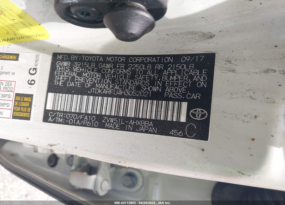 2017 TOYOTA PRIUS VIN: JTDKARFU4H3052021