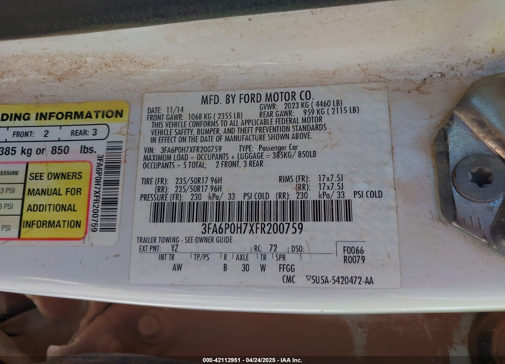 2015 FORD FUSION SE VIN: 3FA6P0H7XFR200759