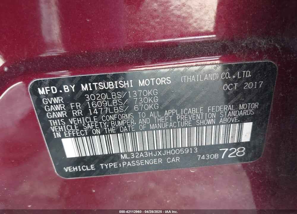 2018 MITSUBISHI MIRAGE ES VIN: ML32A3HJXJH005913