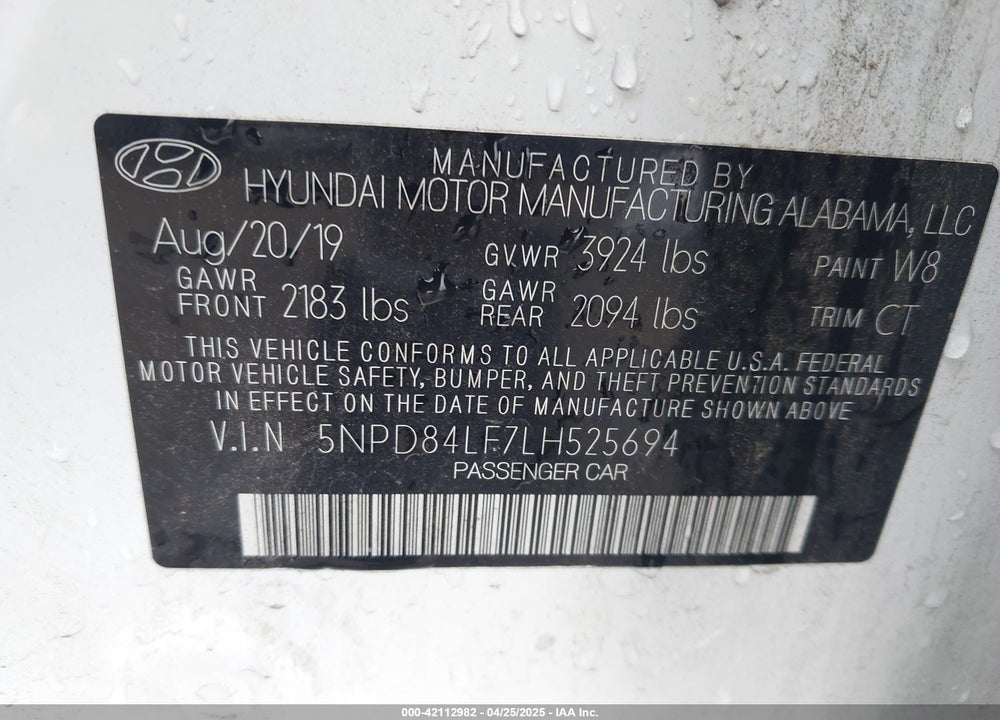 2020 HYUNDAI ELANTRA VIN: 5NPD84LF7LH525694