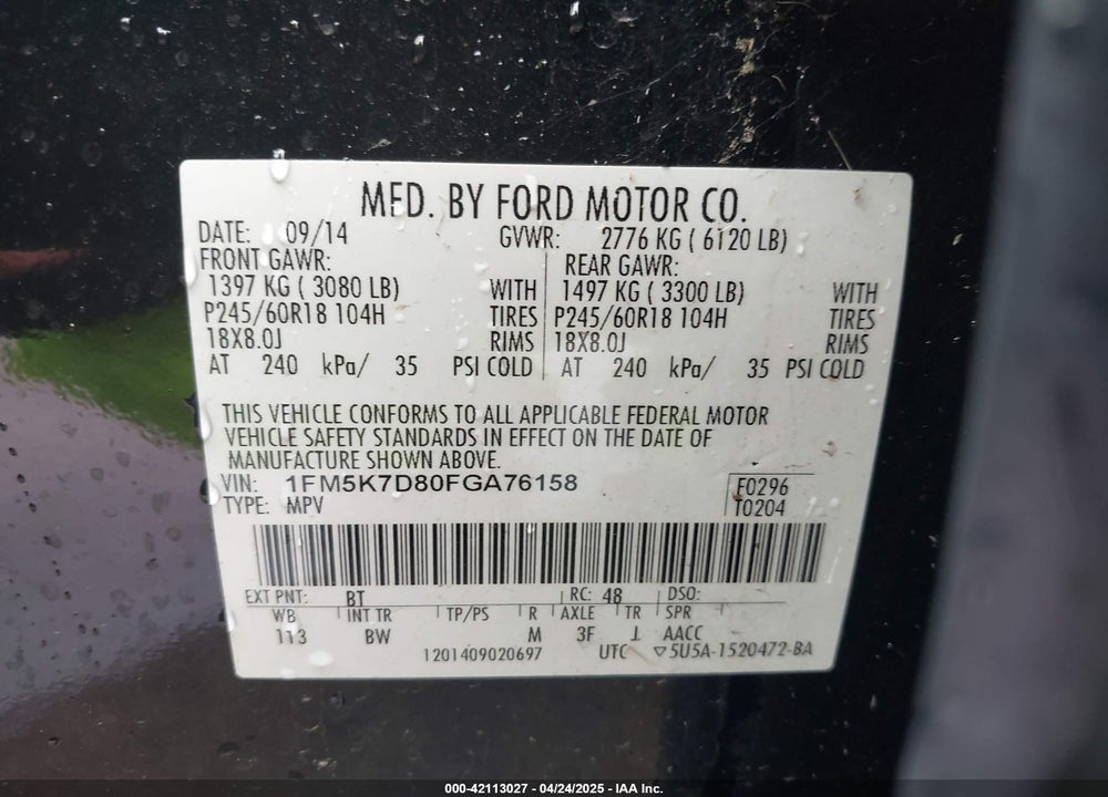 2015 FORD EXPLORER XLT VIN: 1FM5K7D80FGA76158