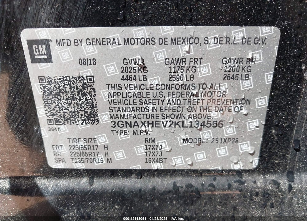 2019 CHEVROLET EQUINOX VIN: 3GNAXHEV2KL134556