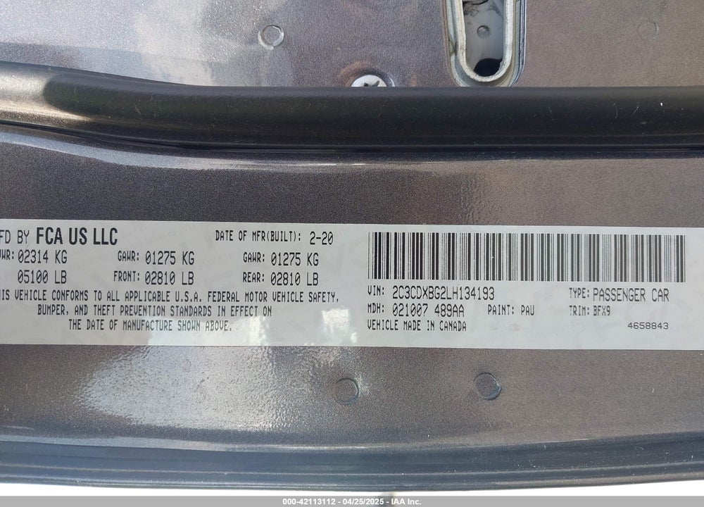 2020 DODGE CHARGER VIN: 2C3CDXBG2LH134193