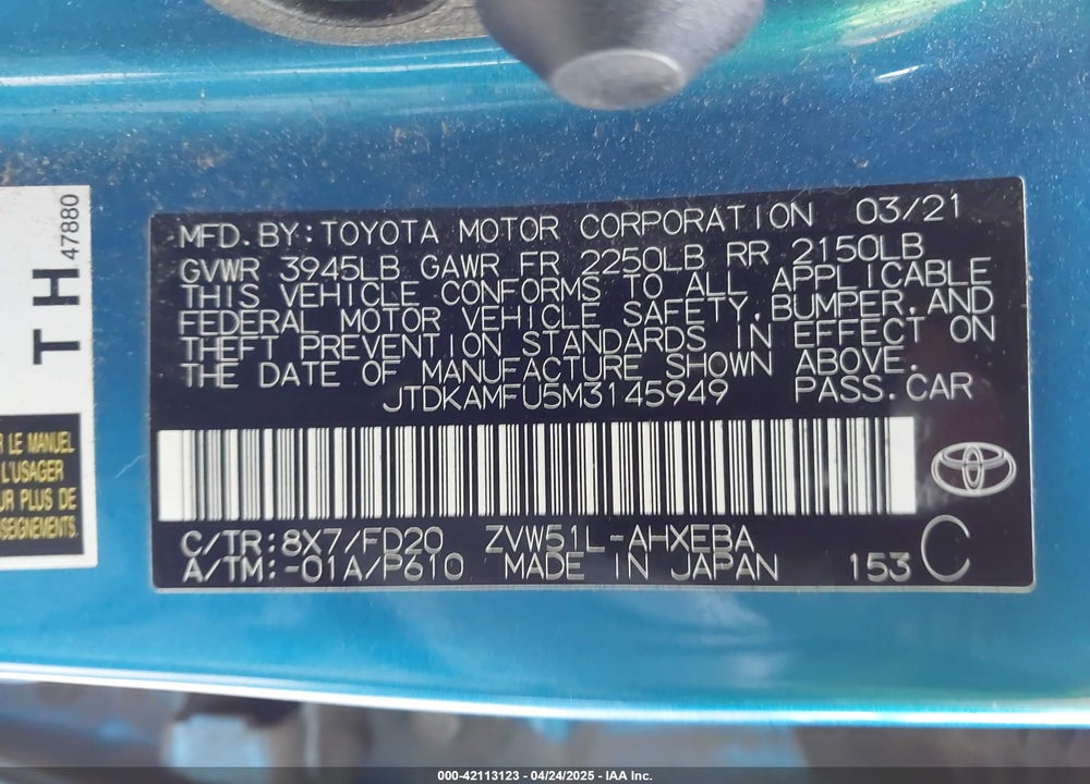 2021 TOYOTA PRIUS VIN: JTDKAMFU5M3145949