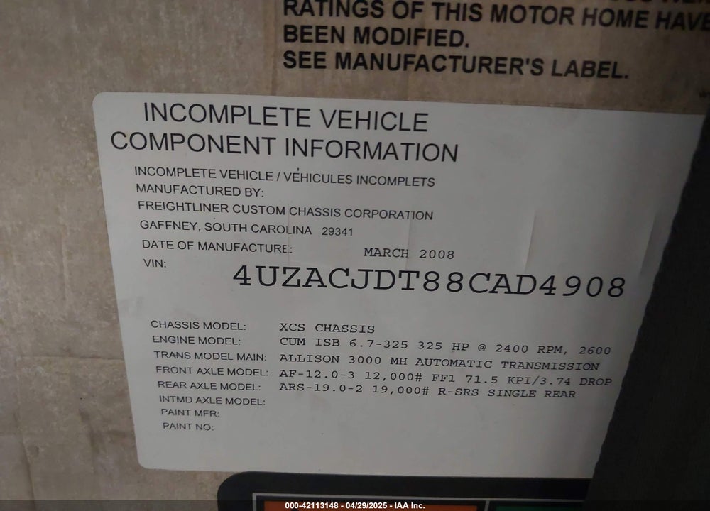 2008 FREIGHTLINER CHASSIS X LINE MOTOR HOME VIN: 4UZACJDT88CAD4908