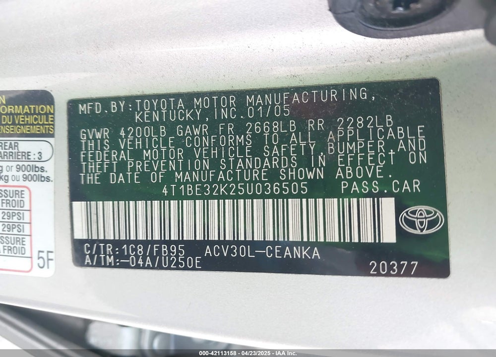 2005 TOYOTA CAMRY LE VIN: 4T1BE32K25U036505