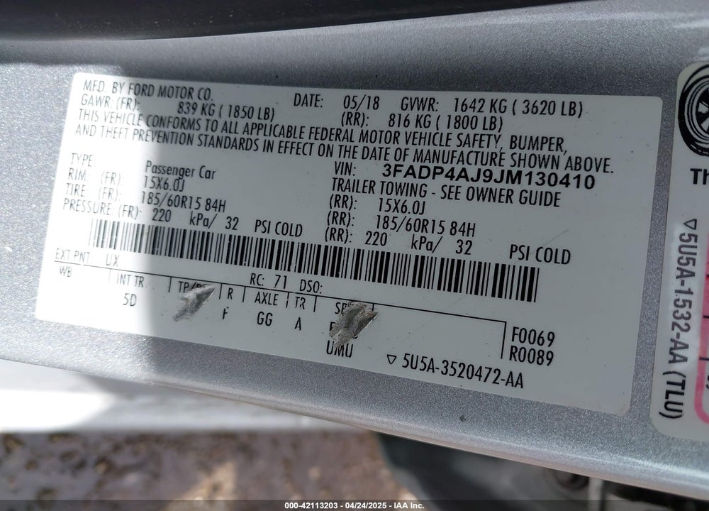 2018 FORD FIESTA S VIN: 3FADP4AJ9JM130410