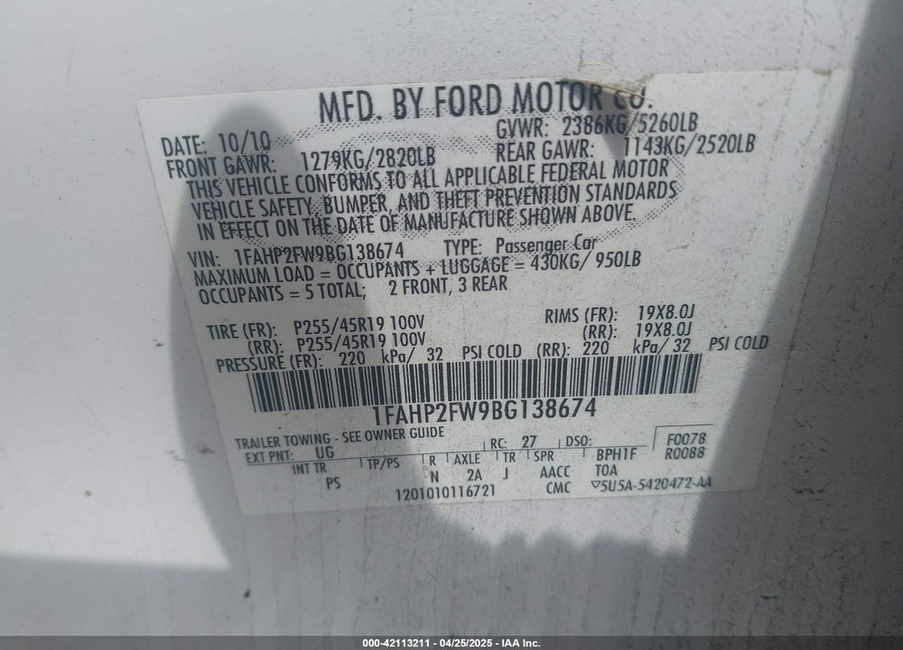 2011 FORD TAURUS VIN: 1FAHP2FW9BG138674