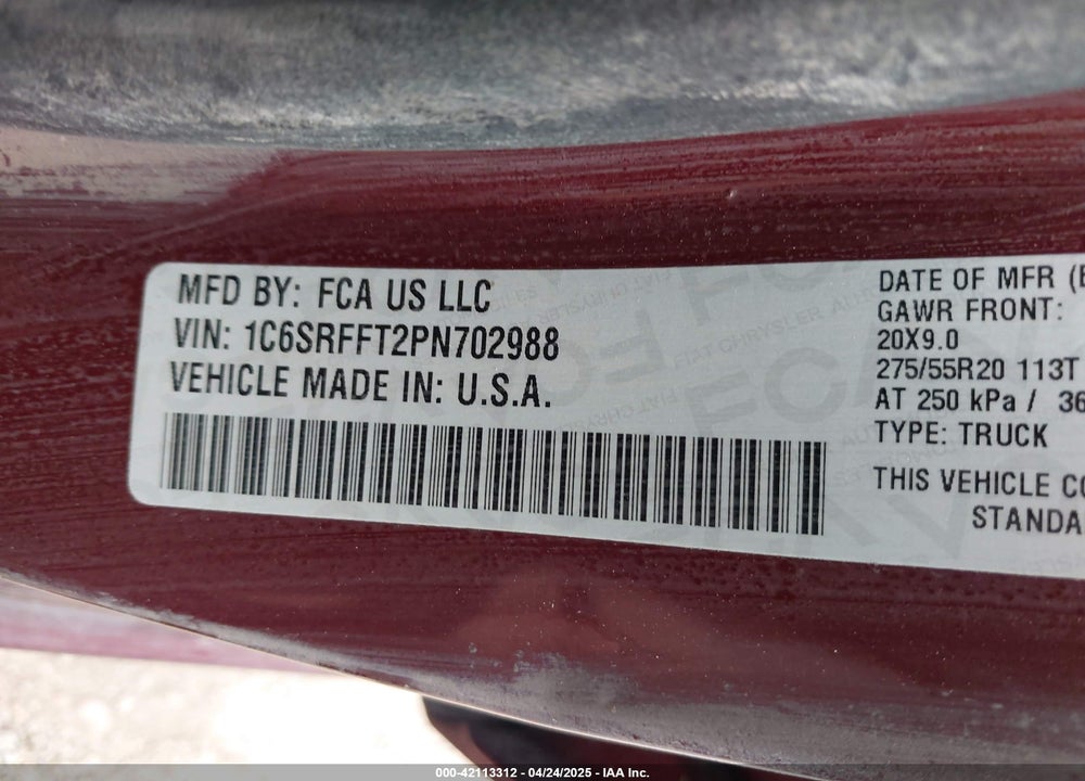 2023 RAM 1500 LONE STAR 4X4 5'7 BOX VIN: 1C6SRFFT2PN702988