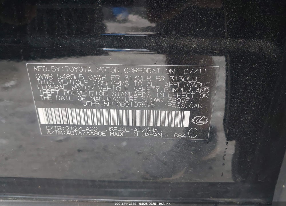 2011 LEXUS LS VIN: JTHBL5EF0B5107595