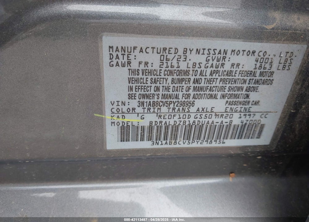2023 NISSAN SENTRA SV XTRONIC CVT VIN: 3N1AB8CV5PY298956