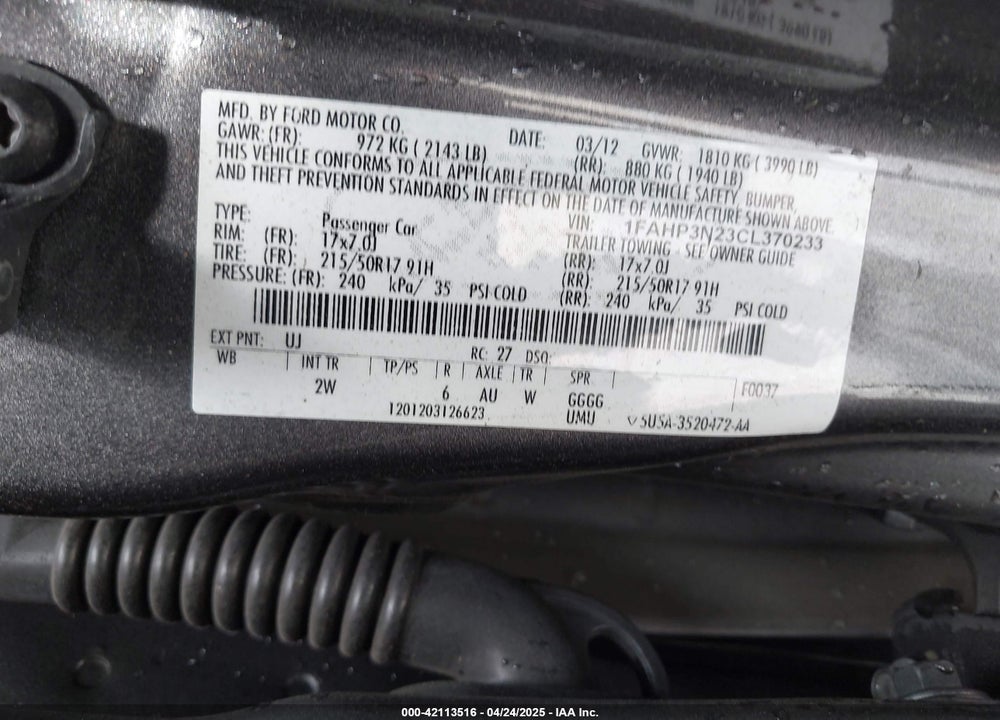 2012 FORD FOCUS VIN: 1FAHP3N23CL370233