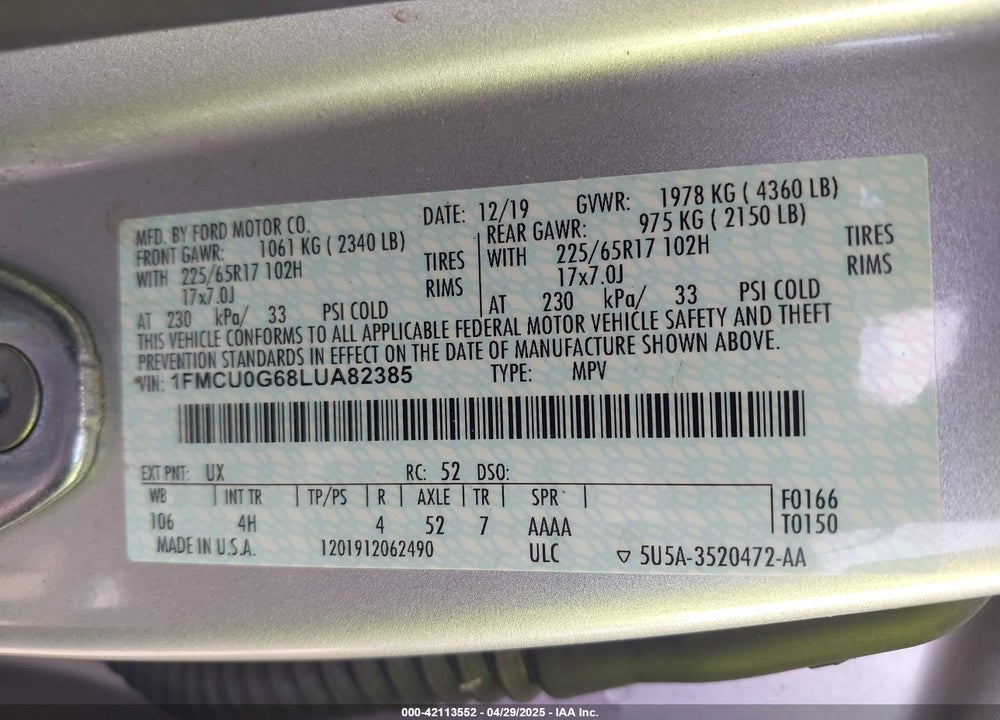 2020 FORD ESCAPE SE VIN: 1FMCU0G68LUA82385