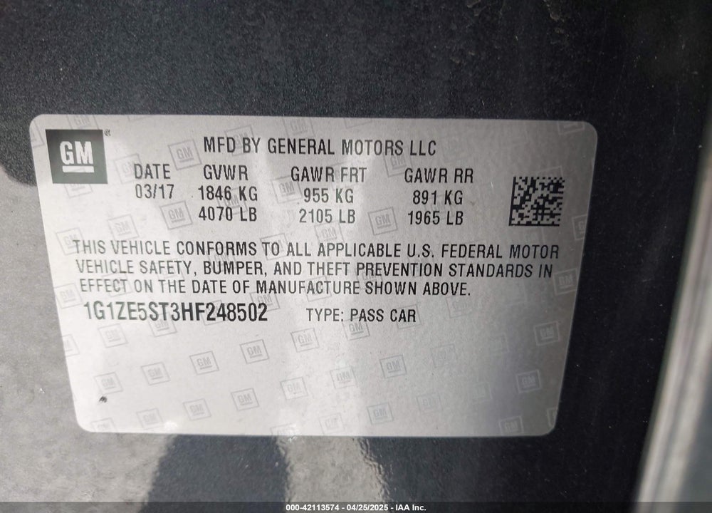 2017 CHEVROLET MALIBU VIN: 1G1ZE5ST3HF248502
