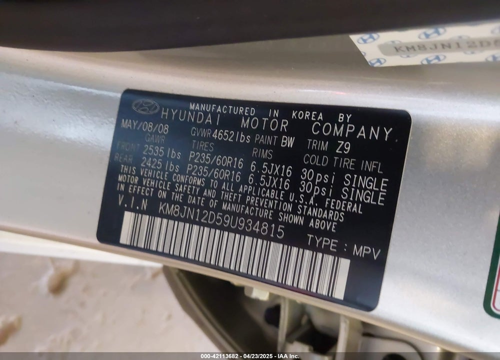 2009 HYUNDAI TUCSON LIMITED V6 VIN: KM8JN12D59U934815