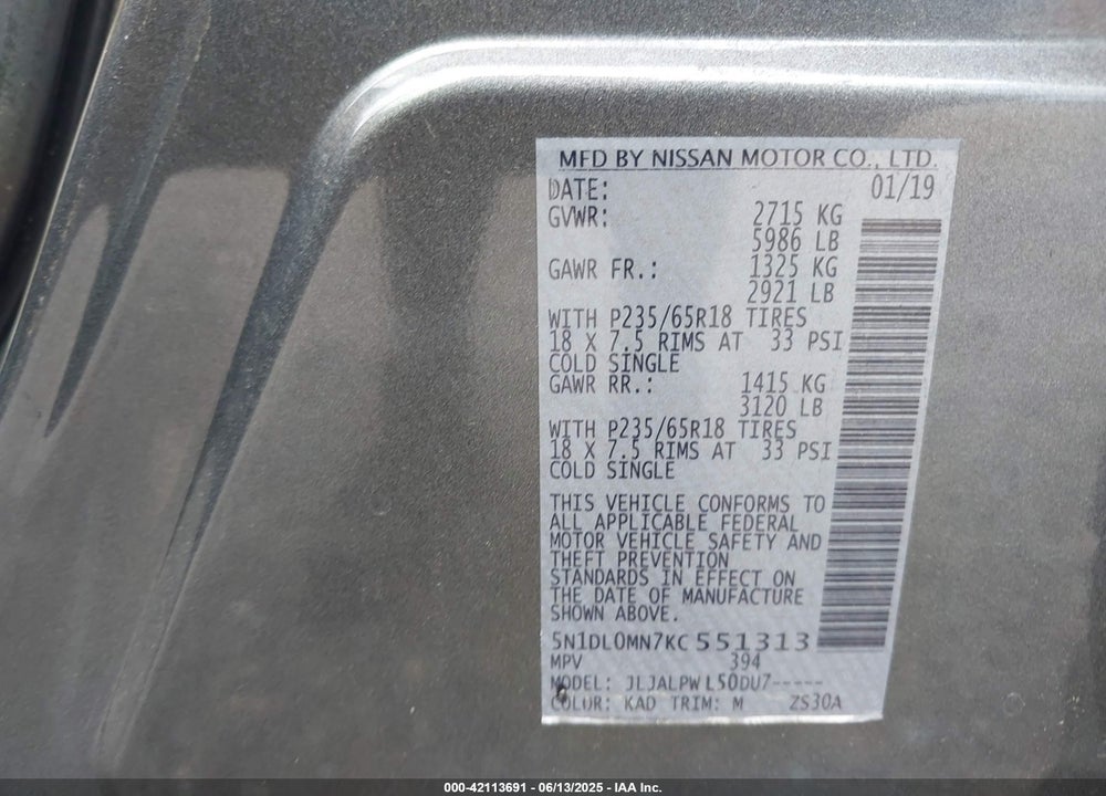 2019 INFINITI QX60 VIN: 5N1DL0MN7KC551313