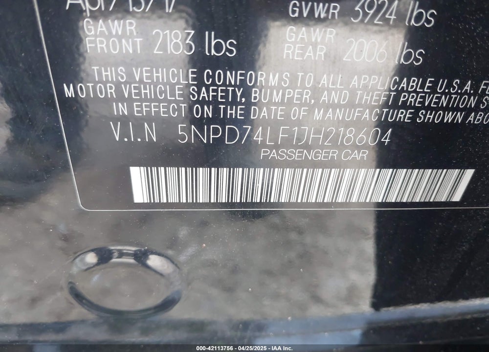 2018 HYUNDAI ELANTRA VIN: 5NPD74LF1JH218604