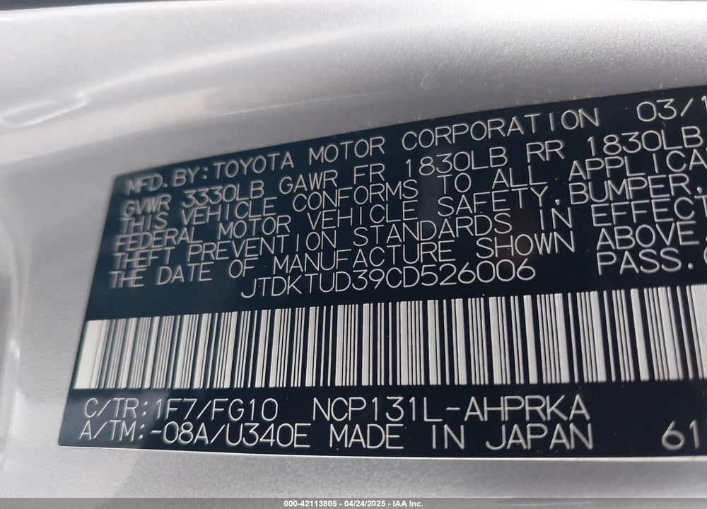 2012 TOYOTA YARIS L VIN: JTDKTUD39CD526006