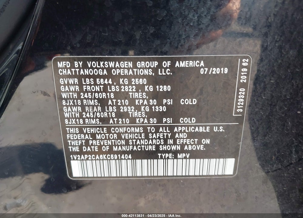 2019 VOLKSWAGEN ATLAS 2.0T S VIN: 1V2AP2CA6KC591404