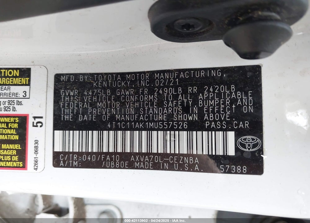 2021 TOYOTA CAMRY VIN: 4T1C11AK1MU557526