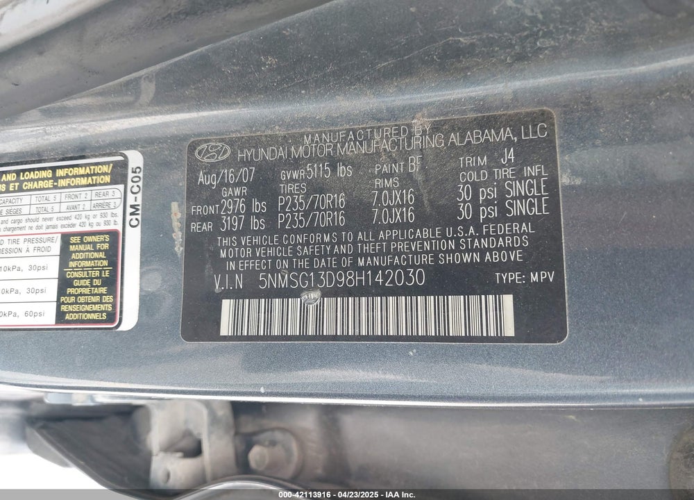 2008 HYUNDAI SANTA FE VIN: 5NMSG13D98H142030